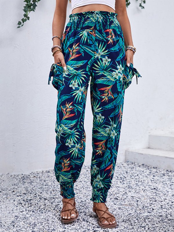 New style casual work pants pocket tropical print leggings trousers - Bottoms